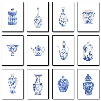 Akvarelė Ming Kinijos Porceliano Vaza Plakatas Mėlynos ir Baltos Chinoiserie Menas Spausdinti Paveikslai Tapyba Rytų Meno Namų Sienų Dekoras