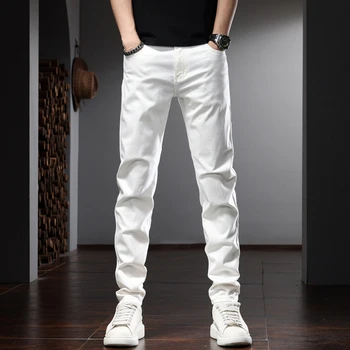 Baltos Kelnės Vyrams Grynos Spalvos Džinsai Korėjos Stiliaus Atsitiktinis Slim Fit, Tiesios Kelnės