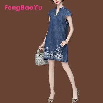 Fengbaoyu Vasarą Moterys Džinsinio trumpomis Rankovėmis Suknelė Siuvinėjimo Retro Džinsinis audinys Plonas Sijonas Patogus Minkštas Sveikas Elegantiškas Moterų Suknelė
