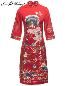 Seasixiang Mados Dizaineris Vasaros Suknelė Moterims Stovėti Apykaklės Pusė Rankovės Gėlių Siuvinėjimas Kinų Stiliaus Ritininės Suknelės