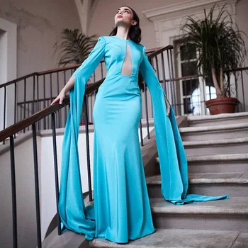 Dangus Mėlynas Vakaro Suknelės Moterims 2023 Undinė O Kaklas Elegantiškas Vestuvių Suknelės Ilgio Trimitas Iškirpti Paprasta Oficialų Šalis Suknelė