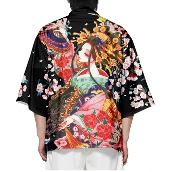 Japonijos Azijos Harajuku Streetwear Megztinis Moterims, Vyrams Haori Mados Black Print Kimono Cosplay Yukata Drabužiai