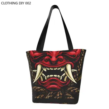 Perdirbimo Oni Demonas Pirkinių Krepšys Moterų Pečių Canvas Tote Maišą Nešiojamų Japonų Samurajus Ronin Bakalėjos Shopper Bags