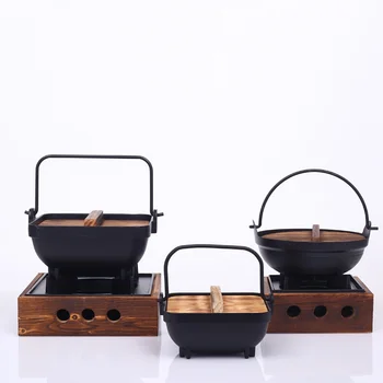 Sukiyaki Ketaus Puodą su Mediniu Dangteliu Japonų Dizaino Shabu Hot Pot Kabinti Viryklė Restoranas Kepimo Rinkinys