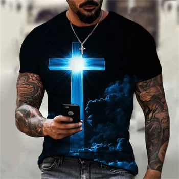 Christian Vyriškos Aprangos T Shirts, Negabaritinių Marškinėliai Gotikos Jėzaus Kristaus Kryžiaus 3D Spausdinimo O-kaklo Viršūnes Derliaus Hip-Hop Trumpas Rankovės