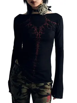 Moteriški Gotikos Grafinis Y2K Tee Viršūnes ilgomis Rankovėmis Atsitiktinis Harajuku Estetinės Gėlių T Marškinėliai Slim Fit Palaidinė 90s E-Girl Streetwear