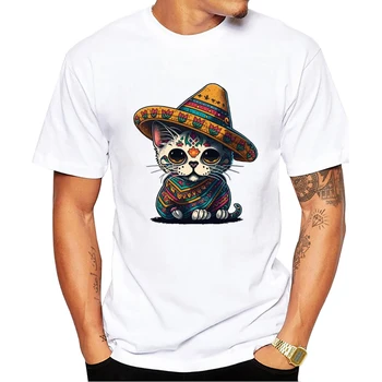 TEEHUB O-Kaklo trumpomis Rankovėmis Vyrų Atsitiktinis Vyrų Vintage Drabužių Streetwear Meksikos Cukraus Kaukolės Katė Sombrero Spausdinti vyriški T-Shirt