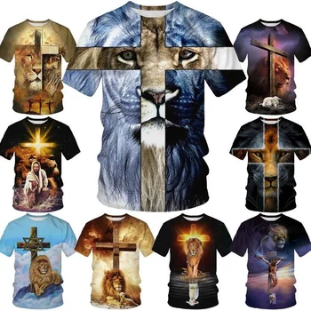 Vasaros New Cross Liūtas Modelio 3D Spausdinimo Mados Vyrų ir Moterų Krikščionių T-shirt Negabaritinių Drabužiai