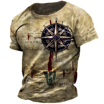 Vyriški vasaros retro jūrmylių žemėlapis, kompasas 3D skaitmeninis atspausdintas t-shirt baggy trumpas rankovėmis vyriški laisvalaikio palaidinė