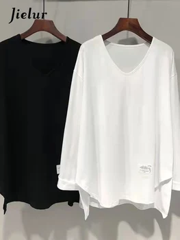 Jielur Rudenį Naujų vientisos Spalvos Plonas T-Shirts Moteris Atsitiktinis Palaidų Paprastų ilgomis rankovėmis Marškinėliai Moteriška Balta Juoda Moteris Viršuje