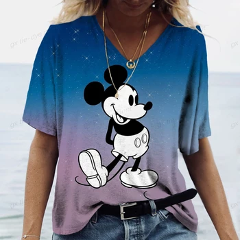 Moterų Vasarą Naujas Mados Disney Mickey Mouse 3D Atspausdintas Trumpas Rankovės marškinėliai Moterų V-kaklo Asmeninį Paplūdimio Laisvalaikio Stilius