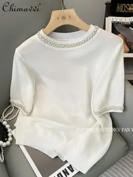 White T-shirt Moterims 2023 Vasarą Naujasis prancūzijos Stiliaus Elegantiškas Sunkiosios Pramonės Karoliukai Apvalios Kaklo trumpomis Rankovėmis Ledo Šilko, Megzti Viršų