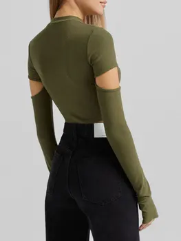 Moterų Ilgas Rankovėmis marškinėliai Įgulos Kaklo Tuščiaviduriai Kietas Slim Fit Rudenį Viršūnes Streetwear