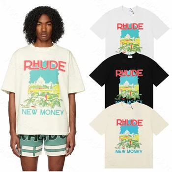 RHUDE Aukštos Kokybės raidžių Pilis Kokoso Medžio Spausdinti Marškinėlius Vyrų Juoda Balta Abrikosų Viršų Mados Atsitiktinis Negabaritinių Hip-Hop T-Shirt