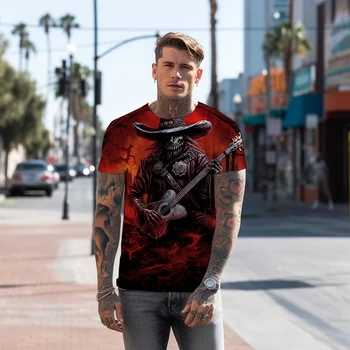 Vasaros nauja, vyriški T -shirt skeletas vyras bombų gitara 3D atspausdintas vyriški T -shirt Gotų mados vyriški marškinėliai madinga vyrų'sT -shirt