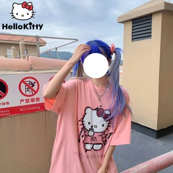 Sanrio Naujas Hello Kitty, Rožinė T-Shirt Moterims, Vasaros Prarasti Ranka Pieštas Animacinių Filmų Stiliaus Spausdinti Studentai Tees Viršūnes Saldus Cute Girl Drabužiai