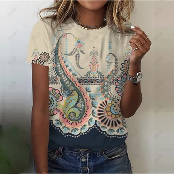 Moterų Bohemijos etninės print T-shirt O-kaklo marškinėliai, trumpas rankovėmis moteriški marškinėliai negabaritinių retro vasaros