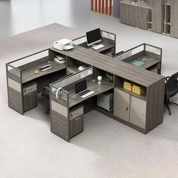 Biuro stalas, darbo vieta, minimalistinio modernaus darbuotojai, biuro stalas, keturių žmonių, finansų stalas, biuro kompiuterio stalas, ekrano kortelės