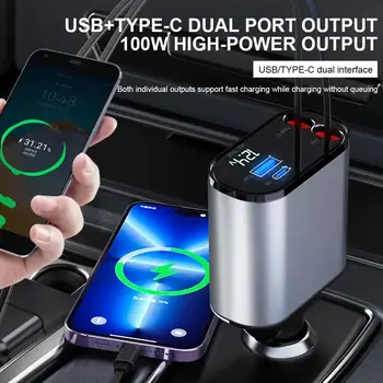 100W Ištraukiama Automobilinis Įkroviklis su 4-in-1 USB Kabelis - Greito Įkrovimo Laidą 