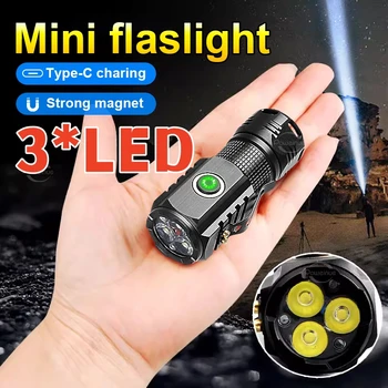 Didelės Galios 3*LED Mini LED Žibintuvėlis 2000LM Nešiojamas Žibintuvėlis TIPAS-C Įkrovimo Kempingas Žibinto su Uodega Magnetas Skrybėlę Įrašo Šviesa