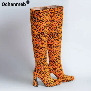 Ochanmeb Seksuali Moteris aukštakulnį Leopard Per kelius siekiantys Batai Aikštėje Kojų Stambusis Aukštakulnius Moteris Slip-on Ilgas Įkrovos Dydis 43 Žiemos Batai