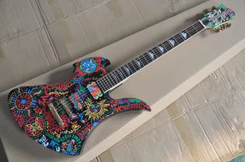 Abstraktus modelis Decal Neįprasta Forma elektrine Gitara, su Aukso Aparatūros,Raudonmedžio Fretboard, siūlome individualų