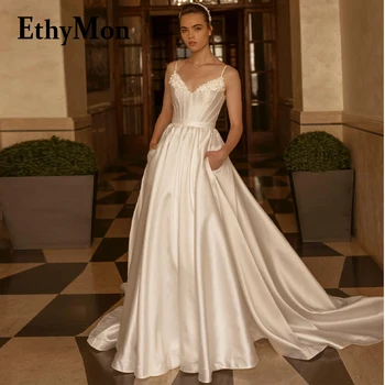 Ethymon V-Kaklo Satino Žavinga Backless Vestuvių Suknelės Nuotaka Spagečiai Dirželiai Asmeninę Teismas Traukinio Vestido De Casamento