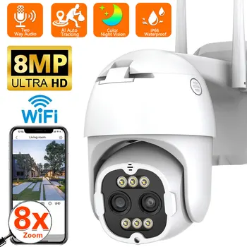 8MP Dvigubo Objektyvo Kamera, WiFi 4K Lauko PTZ IP Cam Apsaugos CCTV Vaizdo Stebėjimo Auto Stebėjimo 8X Zoom ICsee XMeye