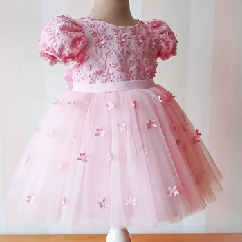 Princess Rožinis Tiulis Aplikacijos Gėlių Mergaitės Suknelė Išskirtinį Šalies Vaikų Gimtadienio Kelio Ilgio Lankas-line Keltas Kamuolys Chalatai Inscenizacija Dėvėti
