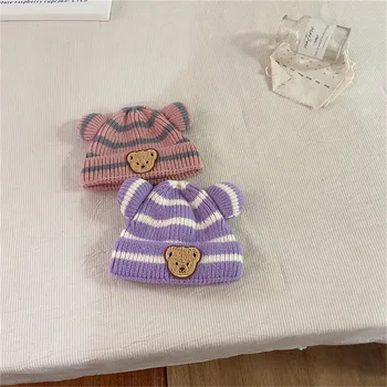 Kūdikių Mergaitės Berniukai Stripe Beanie Mielas Ausis Lokys Siuvinėjimo Rudenį, Žiemą Šilta Kepurė Vaikams Trikotažo Beanie Skrybėlių