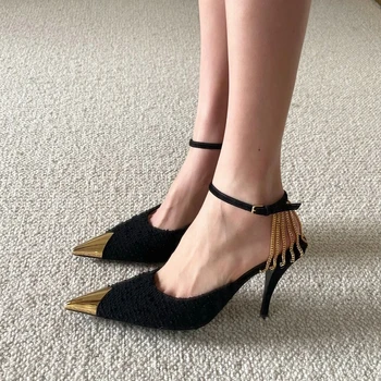Naujas 2023 Moteris Siurbliai Aukštakulniais Mados Grandinės Apdailos Tuščiaviduriai Elegantiškas Stiletto Sandalai Pažymėjo Tne Šalies Bateliai Moterims
