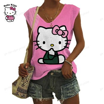 Vasaros moterų V-kaklo marškinėliai Hello Kitty Spausdinti Mados Tendencija Lieknėjimo y2street Trumpas Rankovės Negabaritinių Prarasti Bakas