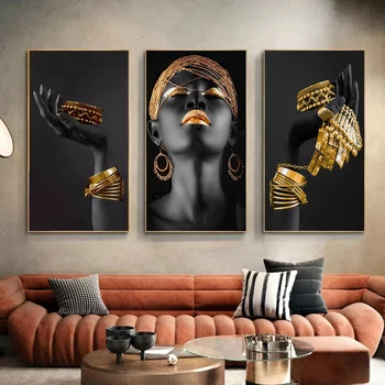 Gyvenimo Kambario Sienos Meno Freskomis Afrikos Juodaodžių Moterų Ir Drobės Plakatai Ir Skandinavijos Nuotraukas Su Aukso Apdaila Ant Rankų
