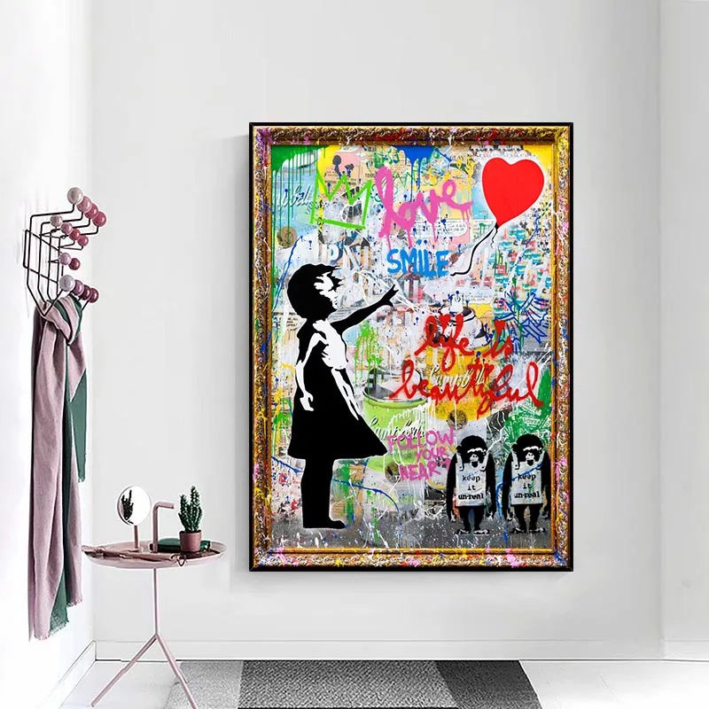 Grafiti Plakatas Balionas Mergina, Meilė, Šypsena, Sienos Meno Gyvenimas Yra Gražus Cavnas Tapybos Pop Gatvės Spausdina Nuotraukas, Namų Dekoro Freskomis