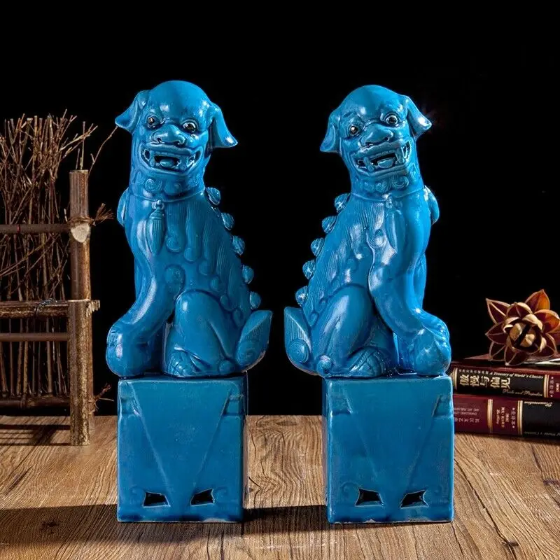 1 Pora Kinijos Jingdezhen Keramikos, Porceliano Mėlyna Kazkoks Fu Šuo Guardion Liūto Statula Pora Antikvariniai Porceliano Namų Dekoro Statula