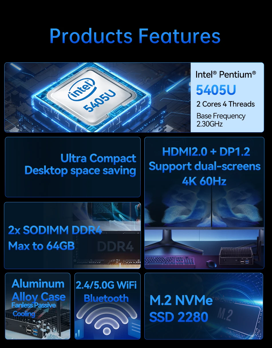 Intel Pentium 5405U Ventiliatoriaus Pramonės Kompiuterio DDR4 M. 2 NVME SSD 4K UHD 