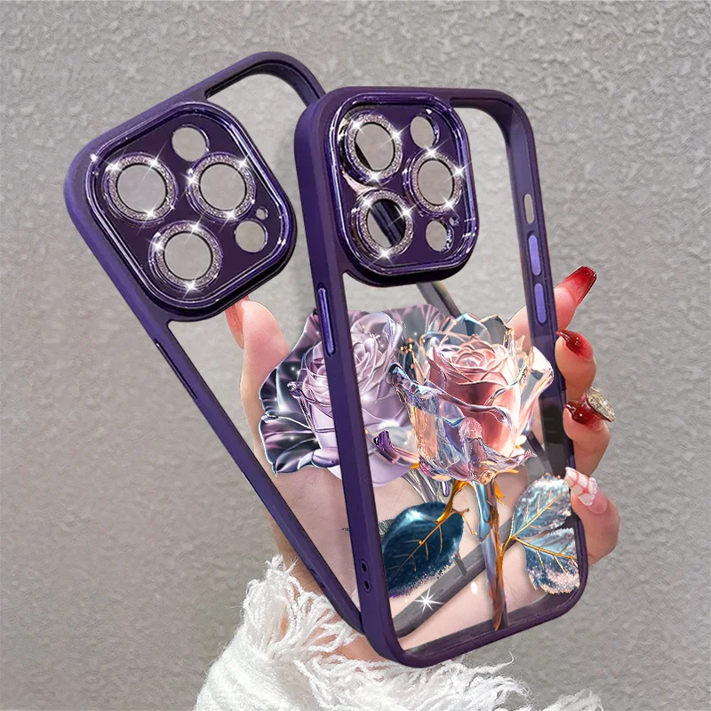 Prabangūs Blizgučiai Rose Atveju iPhone 14 13 12 Pro Max 11 14Plus Gradientas Gėlių Diamond Skaidrus Objektyvas Kino atsparus smūgiams Dangtis