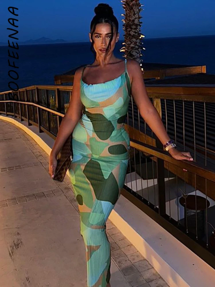 BOOFEENAA Multi-color Print Gaubtas Kaklo, Rankovių Backless Maxi Suknelės Moterims Vasaros Vestuvių Svečias Šalis Suknelė C92-DZ24