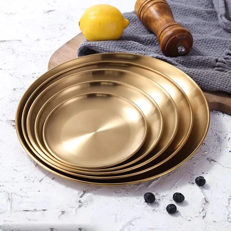 Naujas Universalus Salotos Apvalios Plokštelės Torto Padėklo Vakarų Kepsnys Apvalios Plokštelės Vakarienė Plokštės Aukso Desertas Plokštės Virtuvės Serviravimo Lėkštės