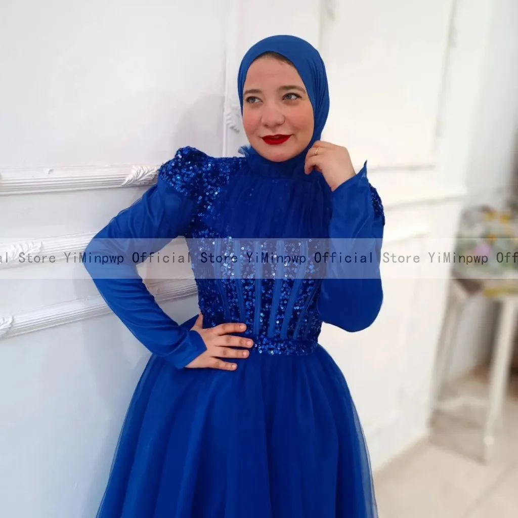 Mėlyna Prom Dresses Musulmonų Vakare Šalies Chalatai Aukšto Kaklo, ilgomis Rankovėmis Grindų Ilgis Blizgučiais Tiulio فساتين للحفلات الراقصة