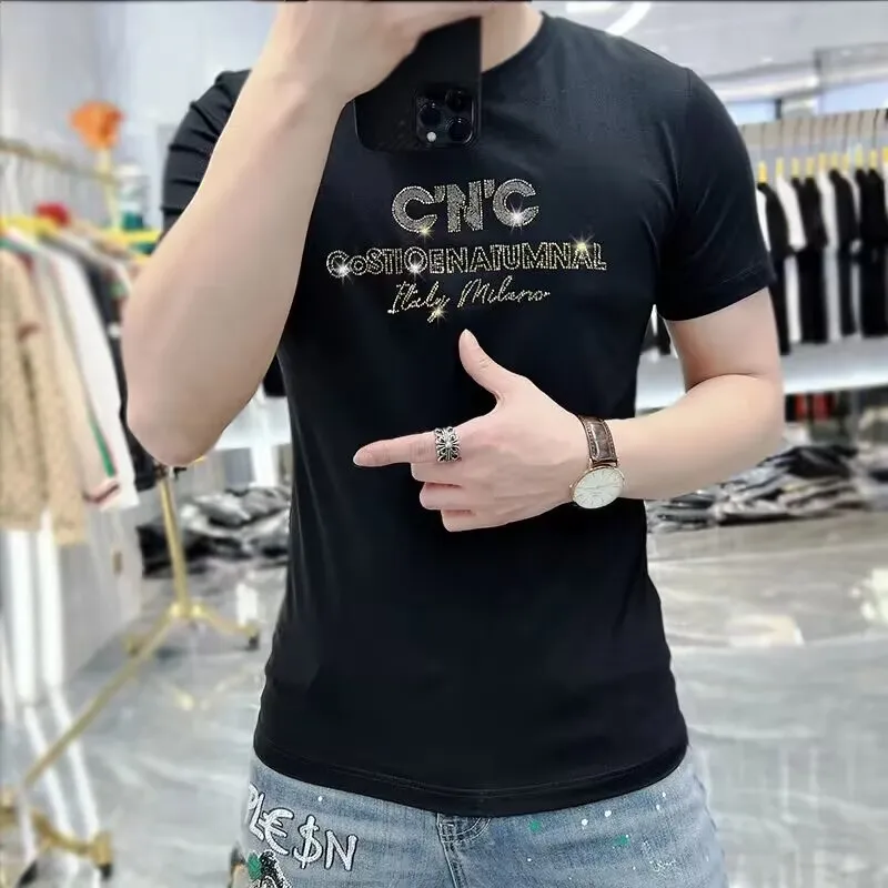 Vyriški CNC vyriški T-shirt High-end Karšto Diamond Užrašu Balta Atsitiktinis Trumpas Rankovėmis marškinėliai Mercerized Medvilnės Slim Apvalios Kaklo