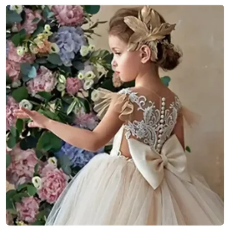 Purus Tiulio Nėrinių Gėlių Mergaitės Suknelė Champange Lankas Diržo Vestuvių Elegantiškas Gėlių Vaiko Pirmoji Komunija Birthday Party Dress