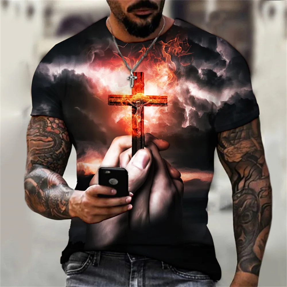 Christian Vyriškos Aprangos T Shirts, Negabaritinių Marškinėliai Gotikos Jėzaus Kristaus Kryžiaus 3D Spausdinimo O-kaklo Viršūnes Derliaus Hip-Hop Trumpas Rankovės