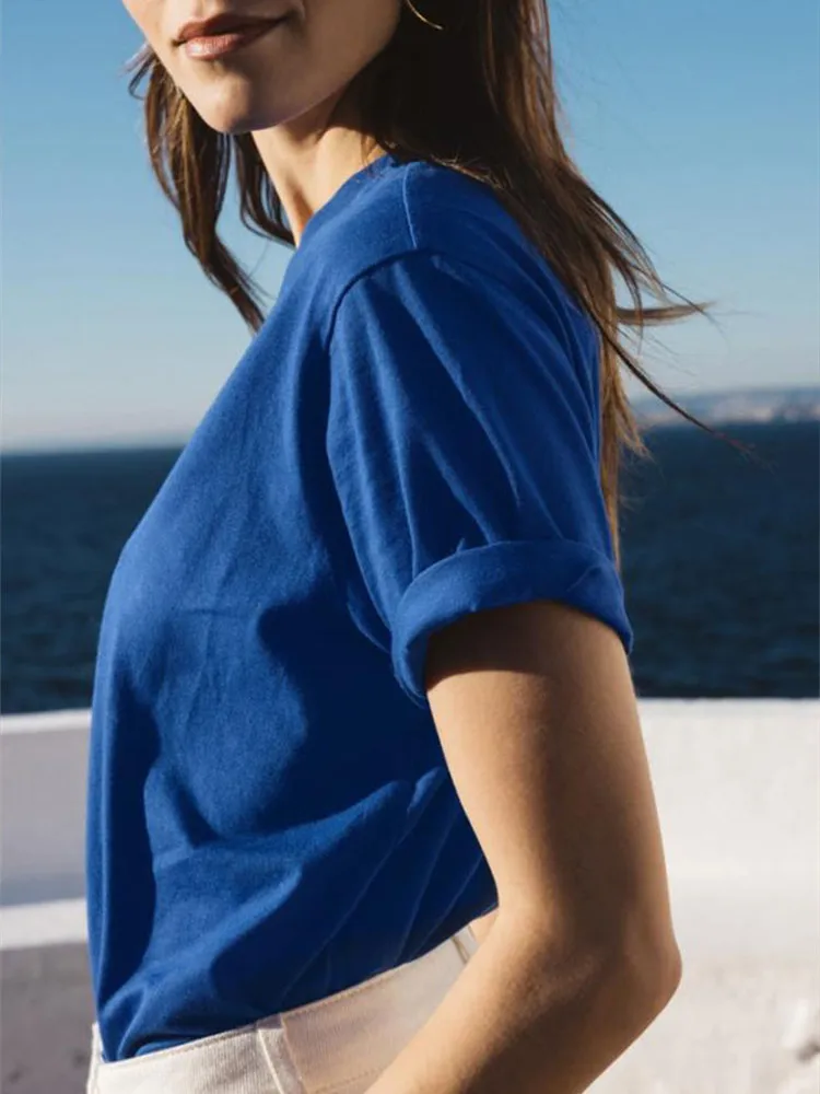 Naujas 2023 Moterys, Juoda T-Shirt SummerShort Rankovėmis 100% Medvilnė Paprasta O-Neck Tee ir dangčiai Ponios