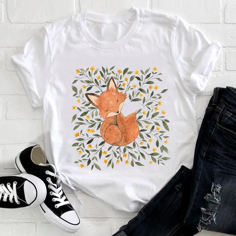 Moterų trumpomis Rankovėmis Gėlių Žiedų Tendencijos Mados Fox Animacinių filmų Gyvūnų 90s Gana Ponios Grafinis Spausdinti Tee Viršuje Marškinėlius Gražus T-shirt