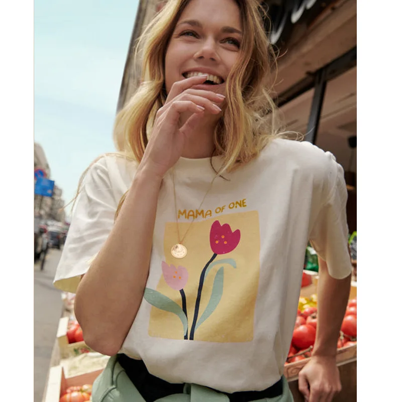 2023 Pavasario Vasaros Naują Atsitiktinis Mados Gėlių Spausdinti Apvalios Kaklo Moterų trumparankoviai marškinėliai