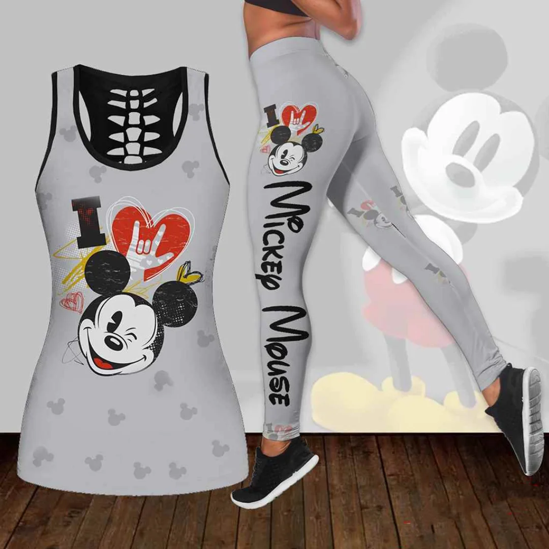 Mickey Mouse Donaldas Goofy Komiksų Moterų Tuščiaviduriai Liemenė + Moterų Antblauzdžiai Jogos Kostiumas Fitneso Sporto Kombinezonas Disney Bako Viršuje Legging Rinkinys