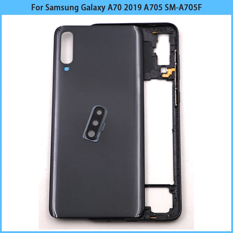 Naujas Samsung Galaxy A70 2019 A705 SM-A705F A705DS Vidurį Rėmo Plokštės Bezel Baterija, galinis Dangtelis Galinių Durų Fotoaparato Objektyvą Pakeisti