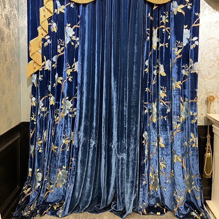 Naujas Royal Blue Velvet Paukščių Siuvinėjimo Storio Atspalvių Užuolaidas Kambarį Miegamųjų Vila, Flocking Siuvinėjimo Siūlų Valance