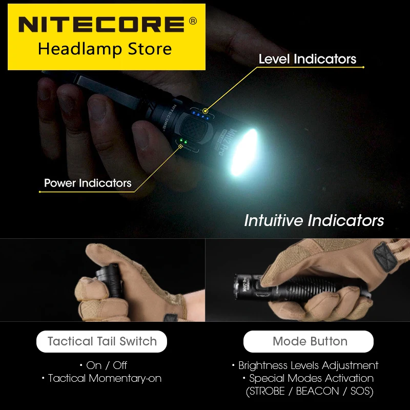 NITECORE MH12 Pro USB-C Įkraunama Kompaktiškas Žibintuvėlis 505 Metrų Taktinis Žibintuvėlis UHi 40 LED Šviesos 5300mAh 21700 Li-ion Baterija